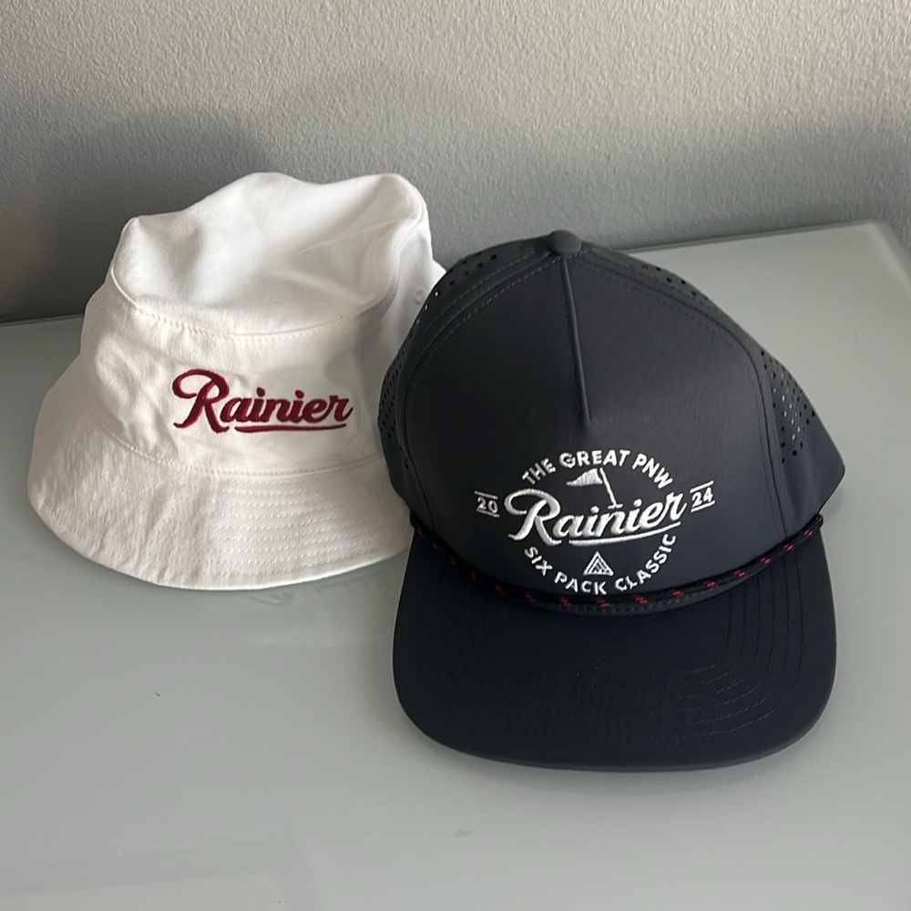 Rainier beer hats (2) white bucket hat & dark grey snap back never been worn